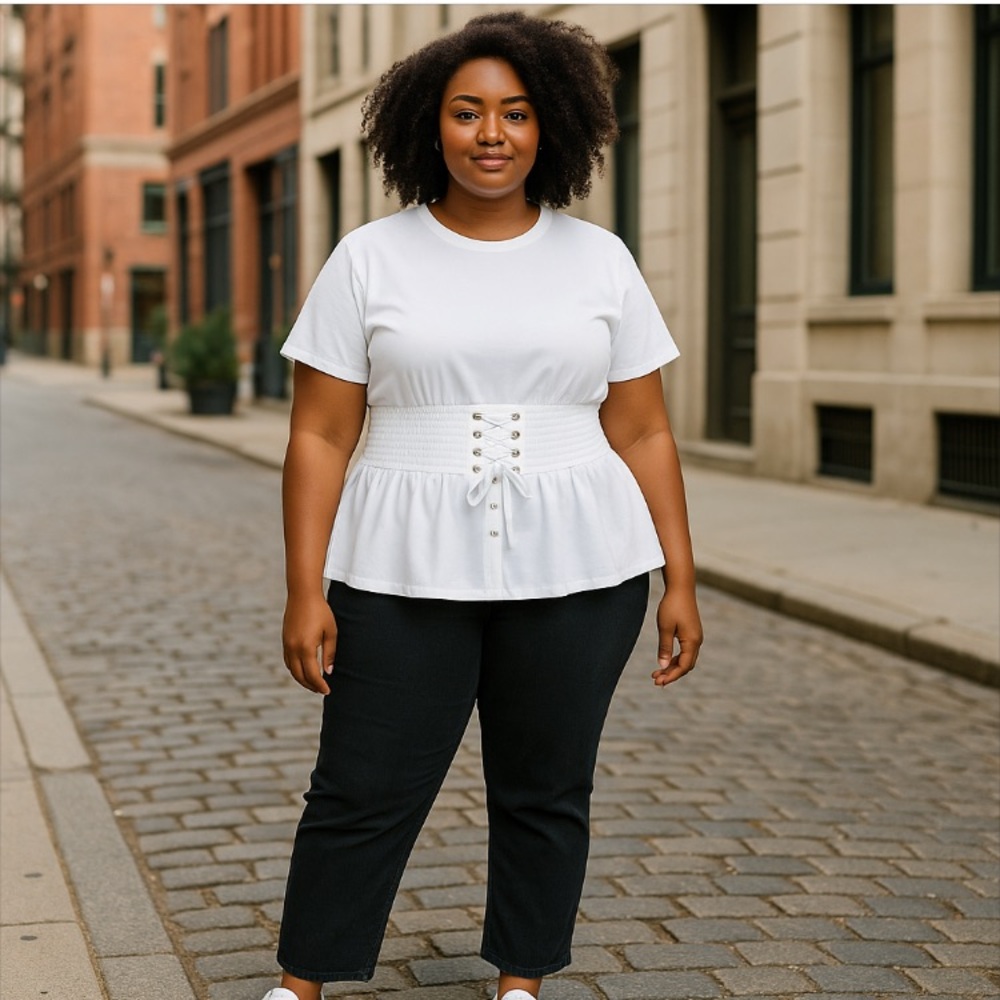 *New Lane Bryant Popover Blouse Top Womens 20 White Ruched Corset Waist Romantic - Picture 1 of 9